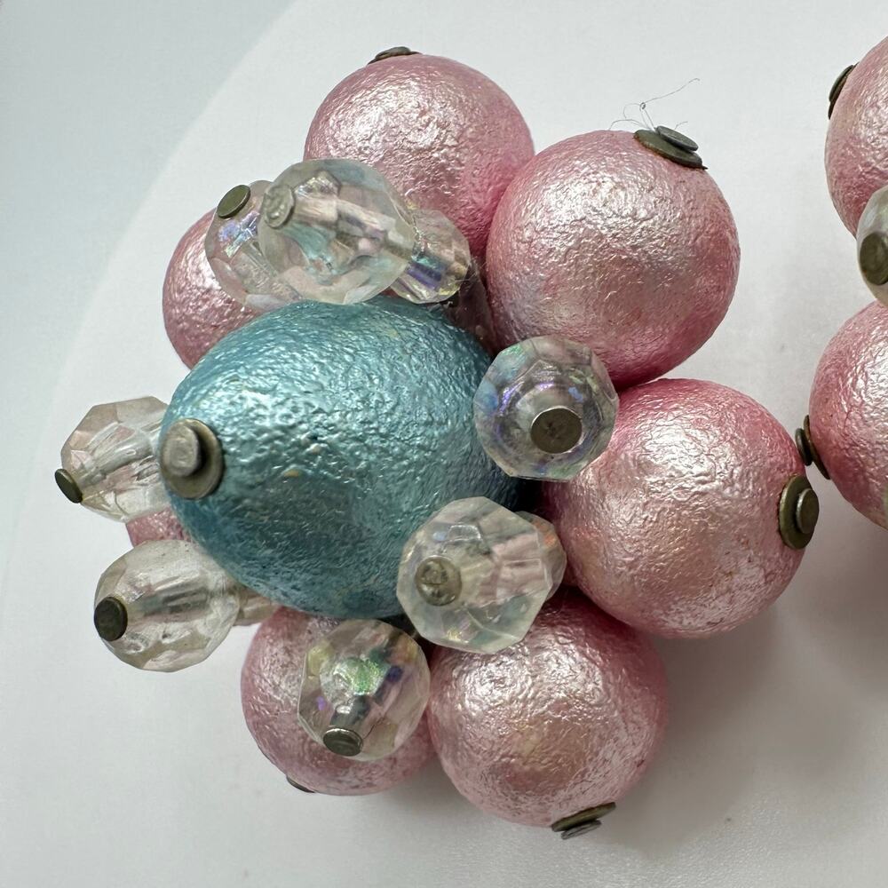 1950s vintage silver tone AB glass pink blue celluloid beaded clip on earrings - Picture 3 of 8
